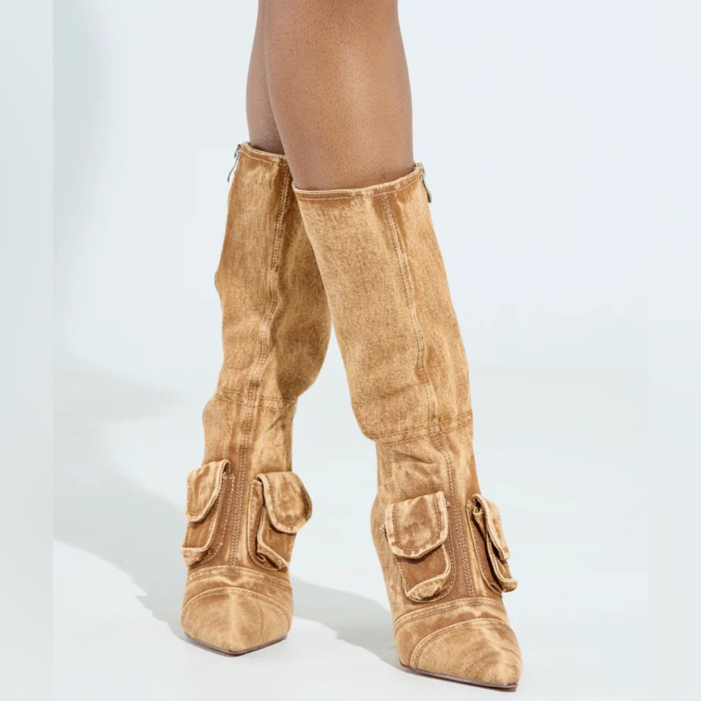 AZALEA WANG Tan Brown Washed Denim Cargo Boots